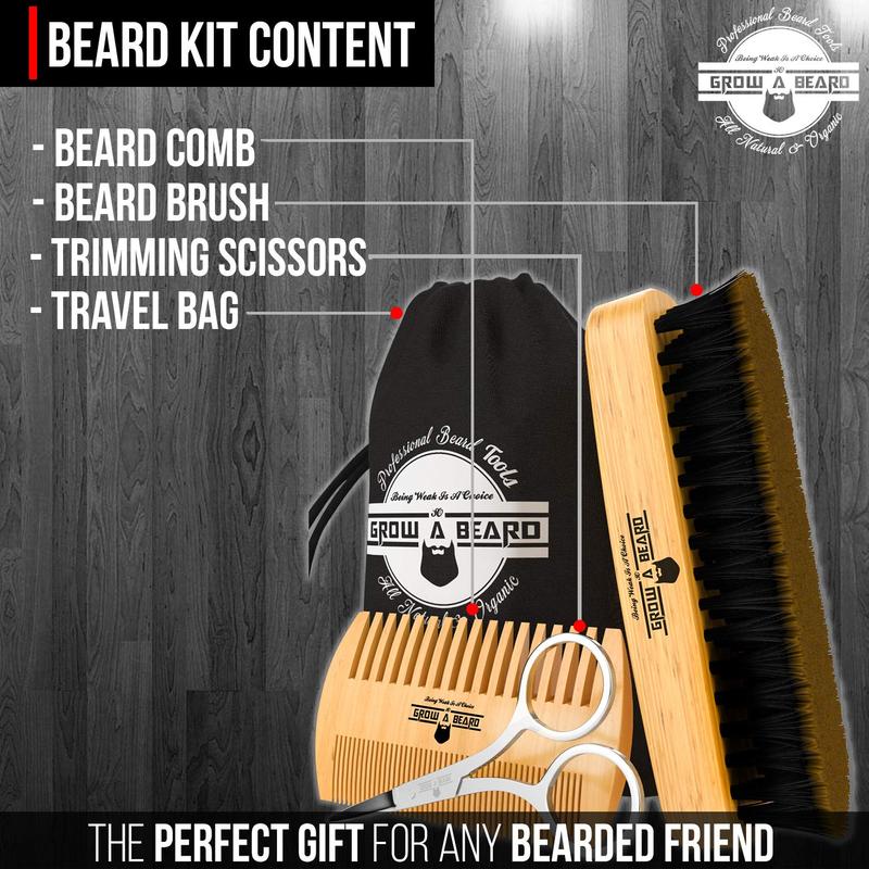 Beard brush for men & beard comb Set w mustache scissors grooming kit, natural boar bristle brush, dual action wood comb, and travel bag great for Christmas gift haircare heatless stainless steel