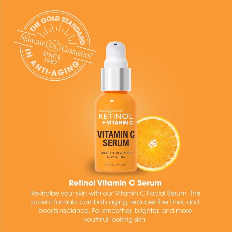 Retinol + Vitamin C Face Serum - Anti Aging Facial Serum, Evens Skin Tone, Diminishes Fine Lines and Wrinkles, Sun Damage & Dark Spots, Restores Radiance, Locks In Moisture - 1 FL. Oz