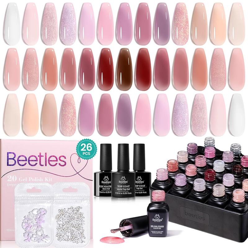 Beetles Jelly Pink Nude Gel Nail Polish Set, 20 Colors Pristine Grace Classic Nude with Bowknot and Pearl Accessories DIY Manicure Gifts for Women