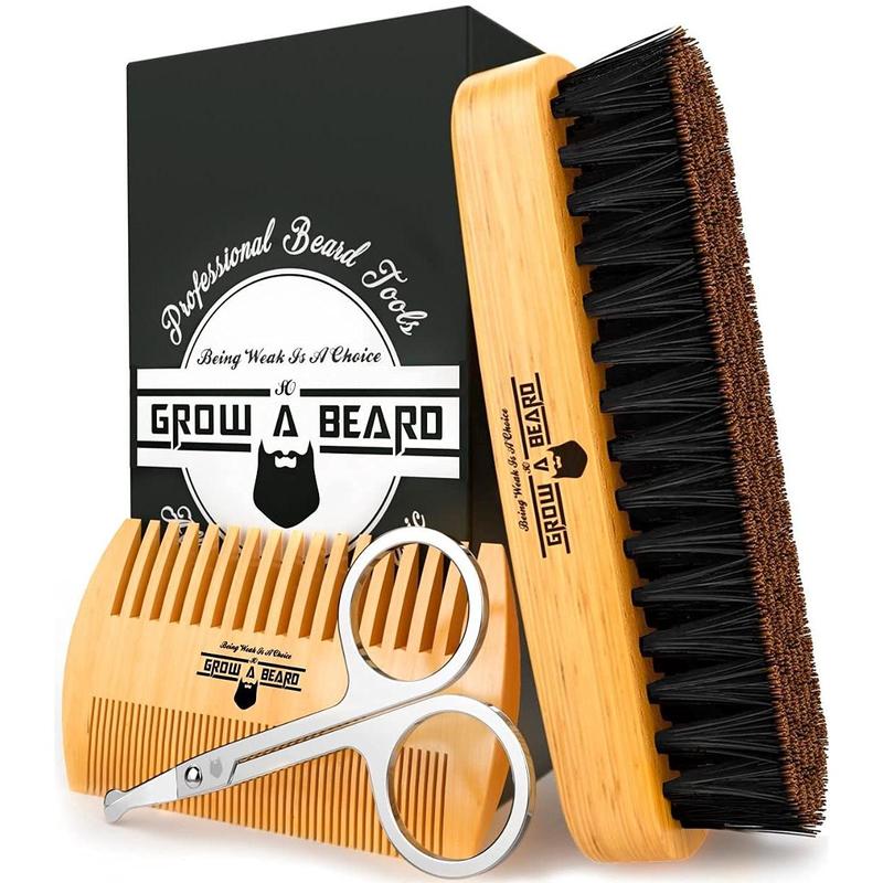 Beard brush for men & beard comb Set w mustache scissors grooming kit, natural boar bristle brush, dual action wood comb, and travel bag great for Christmas gift haircare heatless stainless steel