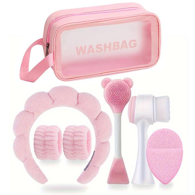 Facial Cleansing Tool Set, 7 Counts set Portable Skin Care Tool Set, Including Soft Headband & Wristband & Silicone Exfoliating Brush & Wash Bag, Christmas Gift