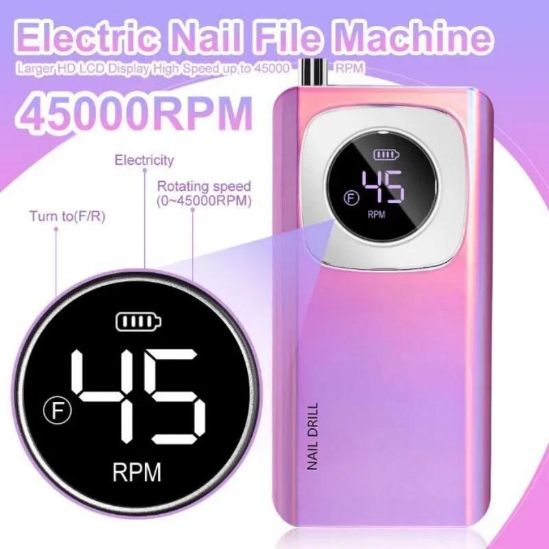 Original 45000RPM Professional Rechargeable Electric Nail Drill Machine Portable Cordless Nail File For Acrylic Gel Nails Remove uña s portable naildrill