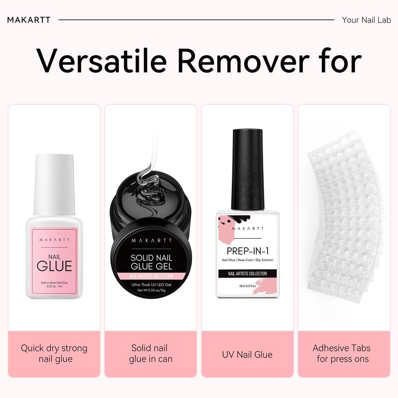 [NON-IRRITANT] Makartt Nail Glue Remover for Press on Nails: Quick Debonder with 5 wooden sticks, Easy with a Dropper,Updated Formula with Vitamin E, Acetone-free, Hema-free, For Fake Nails,Semicure Stickers,10 ml、30ml、50ml Gel Nail Care