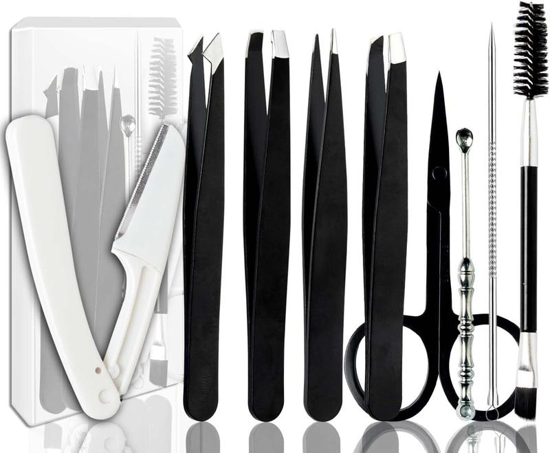 [9+1 ] Tweezer Kit, Tweezers for Women Facial Hair, Professional Tweezers Set, Eyebrow Tweezers, Professional Stainless Steel Eyebrow Tweezers for Women &Men (Black)