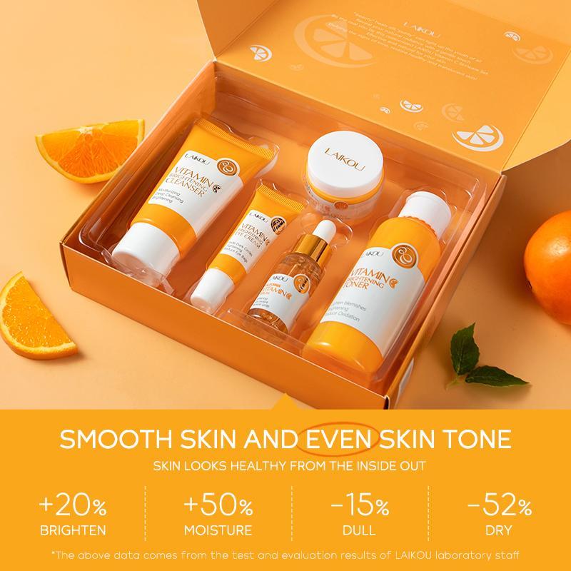 5 in 1 Vitamin C Brightening Skincare Kit, Including 50g Cleanser, 100ml Toner, 17ml Moisturizing Serum, 15g Eye Cream, 25g Essence Cream, Facial Skin Care Kit, Christmas Gift