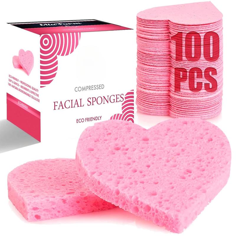 100-Count Compressed Facial Sponges, 100% Natural Cosmetic Spa Sponges for Facial Cleansing, Exfoliating Mask (Pink Heart) Skincare Comfort