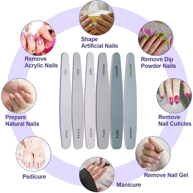 Nail File and Buffer Set, 6  Professional Nail File Kit for Acrylic and Natural Nails, 100 150 180 220 240 280 1000 4000 Grit Soft Nail Filer Gel Nail Files & buffers Filing Emery Board Home Salon