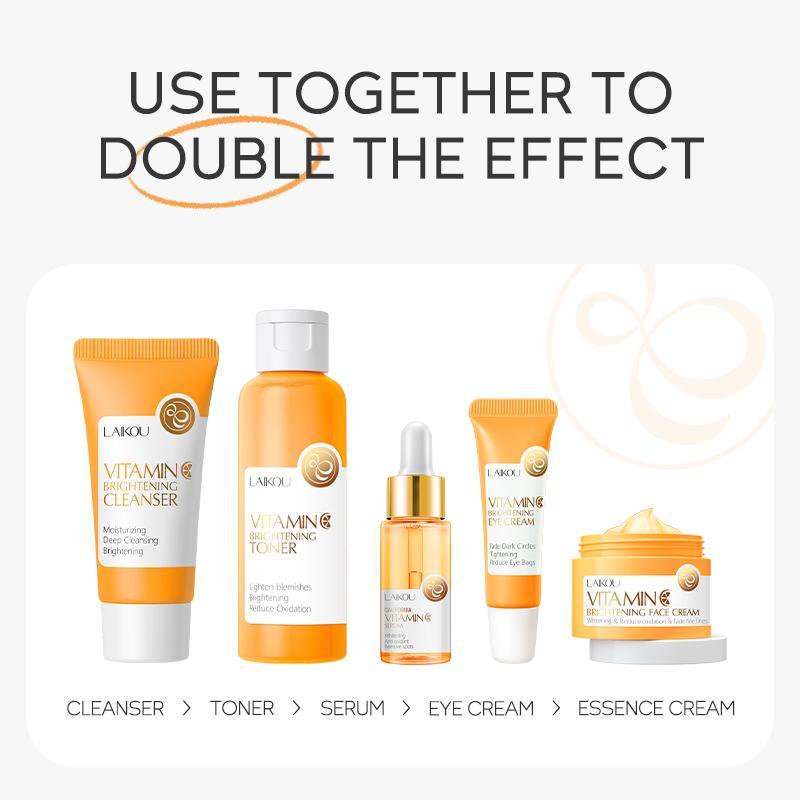 5 in 1 Vitamin C Brightening Skincare Kit, Including 50g Cleanser, 100ml Toner, 17ml Moisturizing Serum, 15g Eye Cream, 25g Essence Cream, Facial Skin Care Kit, Christmas Gift