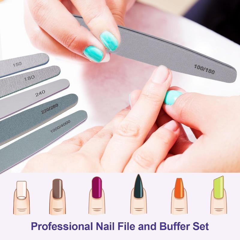 Nail File and Buffer Set, 6  Professional Nail File Kit for Acrylic and Natural Nails, 100 150 180 220 240 280 1000 4000 Grit Soft Nail Filer Gel Nail Files & buffers Filing Emery Board Home Salon