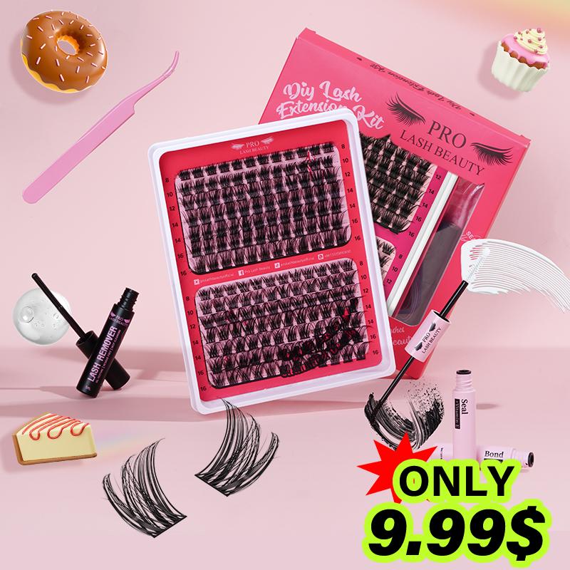 DIY Lash Extension Kit Waterproof 168Pcs Lash Clusters Kit with Lash Bond Eyelash Remover Applicator for Beginner Makeup Cosmetic Halloween Gift