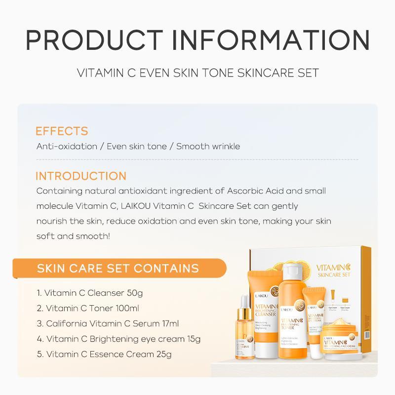 5 in 1 Vitamin C Brightening Skincare Kit, Including 50g Cleanser, 100ml Toner, 17ml Moisturizing Serum, 15g Eye Cream, 25g Essence Cream, Facial Skin Care Kit, Christmas Gift