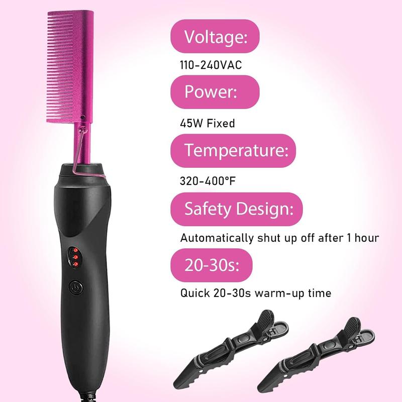 Electric Hot Comb Pink Hair Straightener Electrical Straightening Comb Curling Iron for Natural Black Hair Wigs with Wide Tooth Rat Tail Comb, Wax Stick, Wig Cap, Edge Band, Hair Clips