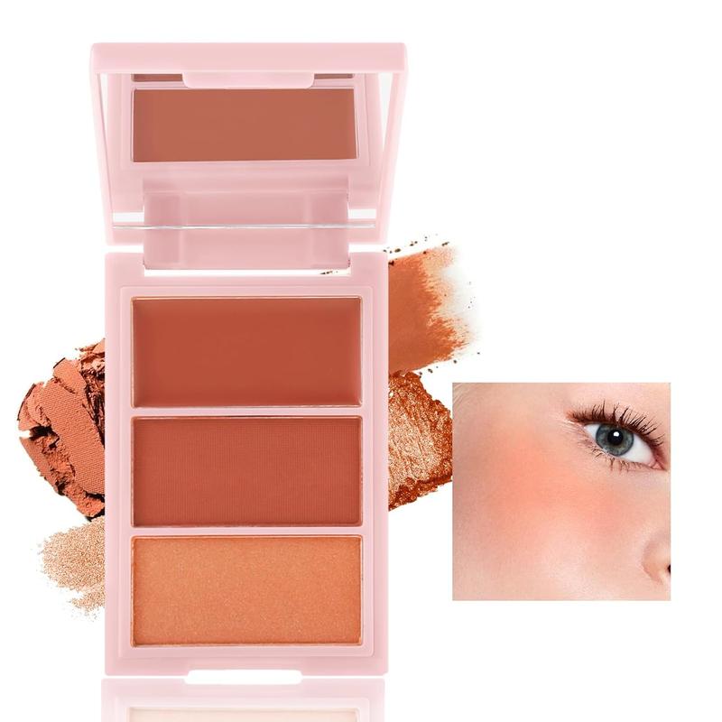 3 Colors Blush Palette, Blush and Highlighter Palette, Cream Face Blush Powder for Cheeks, Matte, Shimmer Illuminator for A Glowing Makeup Blend Brightening