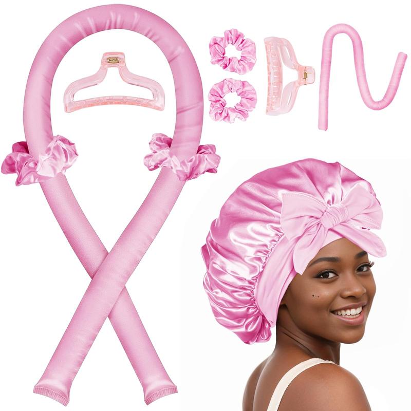 Heatless Hair Curler,Blowout Heatless Curls Overnight,No Heat Curling Rod Set with Silk Bonnet for Sleep in,PInk