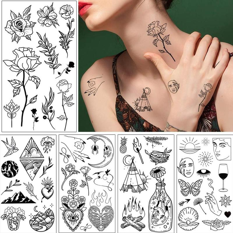 150+ Pattern Black Tiny Temporary Tattoo, Hands Face Halloween Tattoo Sticker for Men Women, Flower Space Moon Snake Designs Body Art on Arm Neck Shoulder Clavicle Waterproof