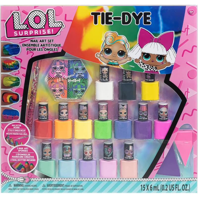 19-Piece Tie-Dye Nail Art Set with 15 Bright Opaque and Shimmery Non-Toxic Nail Polishes and Accessories - Ideal for Slumber Parties, Mani Pedi Days and More, Ages 5+