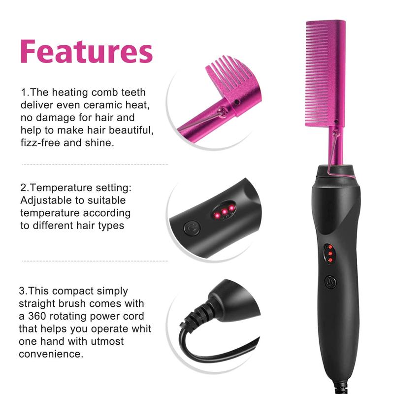 Electric Hot Comb Pink Hair Straightener Electrical Straightening Comb Curling Iron for Natural Black Hair Wigs with Wide Tooth Rat Tail Comb, Wax Stick, Wig Cap, Edge Band, Hair Clips