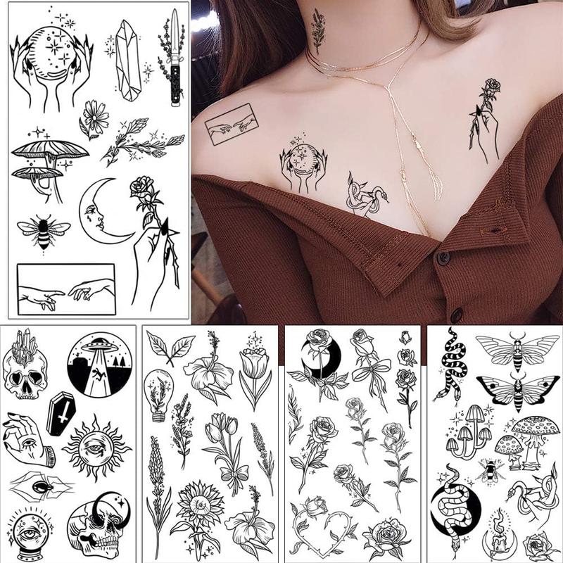 150+ Pattern Black Tiny Temporary Tattoo, Hands Face Halloween Tattoo Sticker for Men Women, Flower Space Moon Snake Designs Body Art on Arm Neck Shoulder Clavicle Waterproof