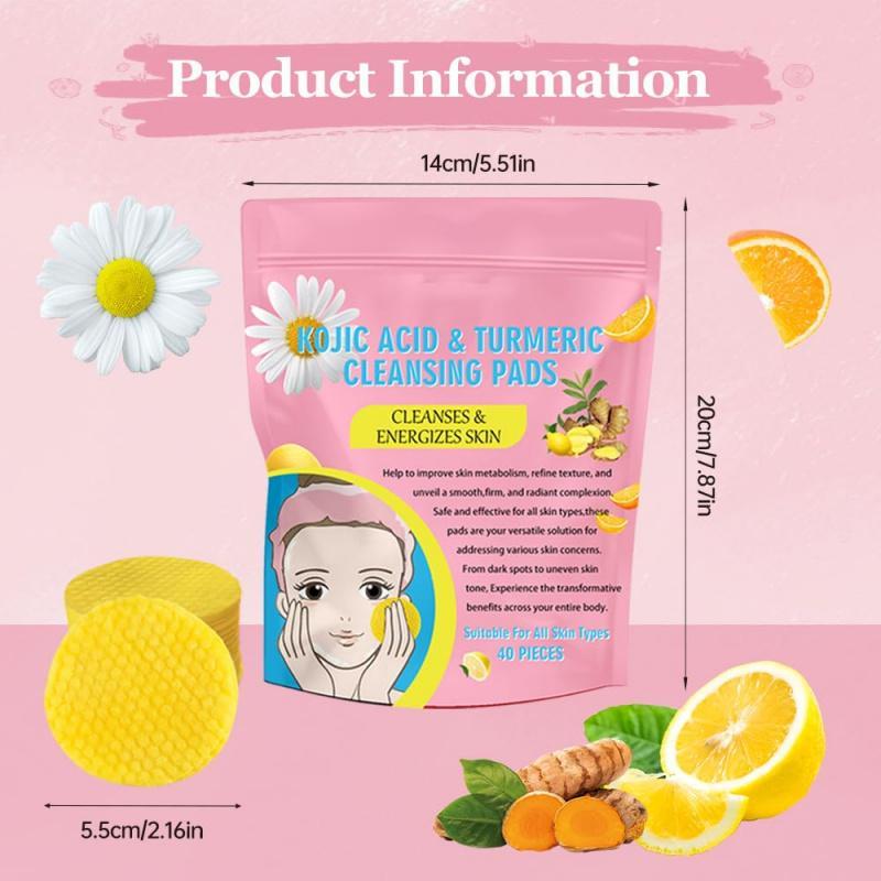 Kojic Acid & Turmeric Cleansing Pads, 40pcs pack Facial Cleansing Pads, Compressed Facial Sponges for Cleansing & Exfoliating