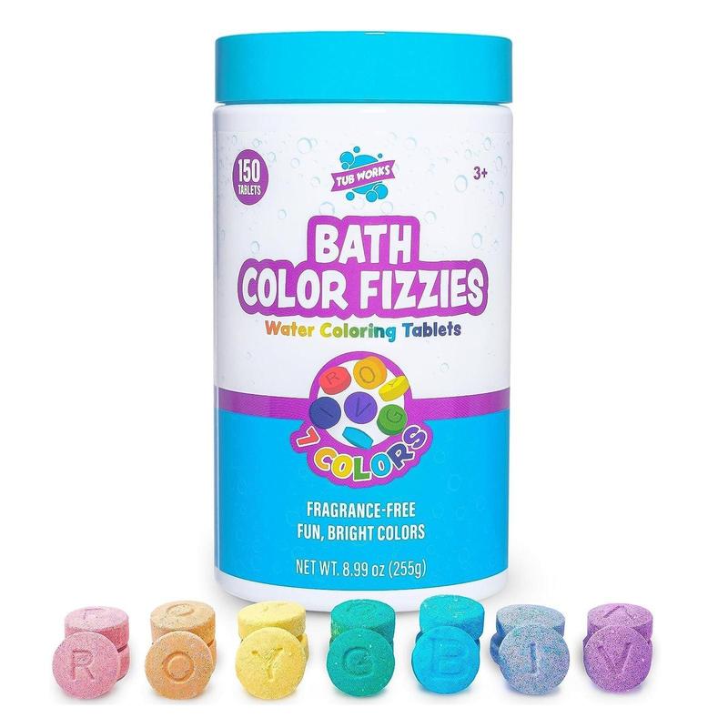 Tub Works Bath Color Fizzies, 150 Count | Nontoxic & Fragrance-Free | Fizzy Tablets for Kids' Fun Baths | 7 Vibrant Colors for Creative Bath Time