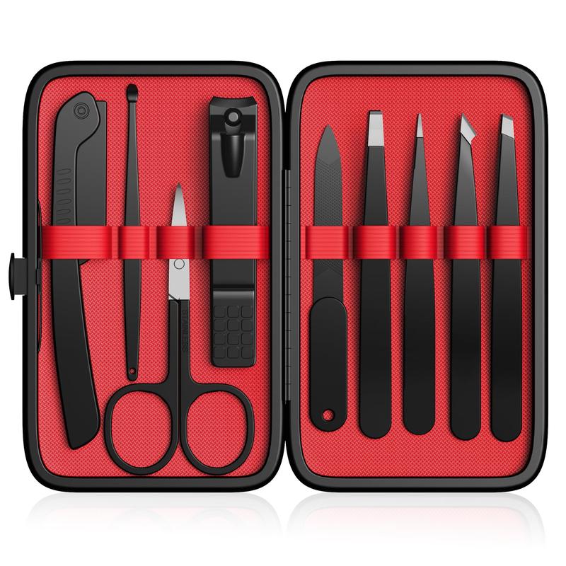 9 Pcs stainless steel Tweezers & Nail Clippers Set with travel case, includes precision tweezers, curved scissors, eyebrow razor. Manicure Matte Daily