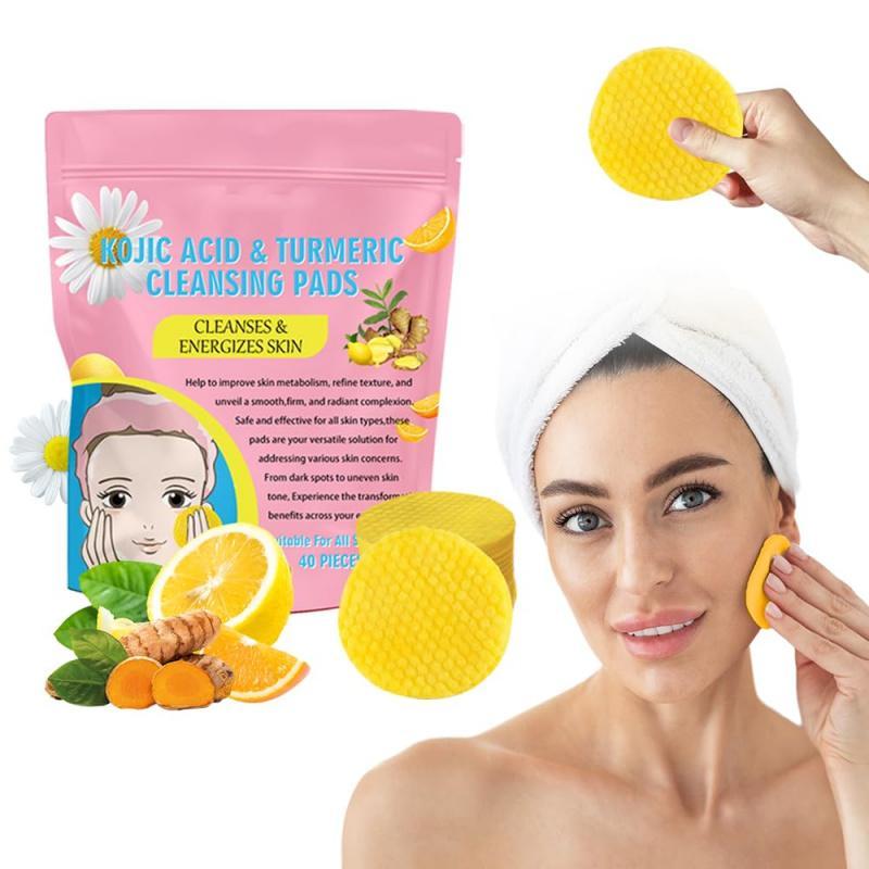 Kojic Acid & Turmeric Cleansing Pads, 40pcs pack Facial Cleansing Pads, Compressed Facial Sponges for Cleansing & Exfoliating