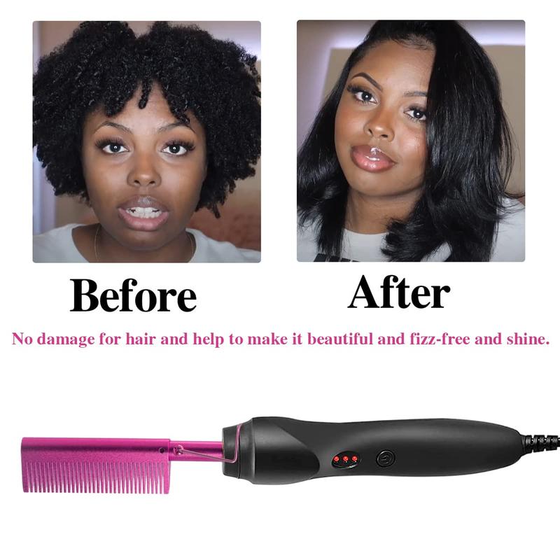 Electric Hot Comb Pink Hair Straightener Electrical Straightening Comb Curling Iron for Natural Black Hair Wigs with Wide Tooth Rat Tail Comb, Wax Stick, Wig Cap, Edge Band, Hair Clips