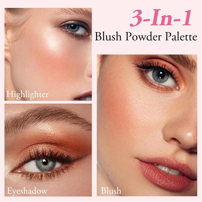 3 Colors Blush Palette, Blush and Highlighter Palette, Cream Face Blush Powder for Cheeks, Matte, Shimmer Illuminator for A Glowing Makeup Blend Brightening