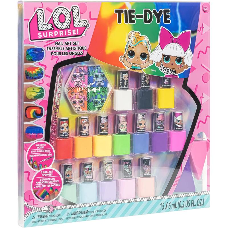 19-Piece Tie-Dye Nail Art Set with 15 Bright Opaque and Shimmery Non-Toxic Nail Polishes and Accessories - Ideal for Slumber Parties, Mani Pedi Days and More, Ages 5+