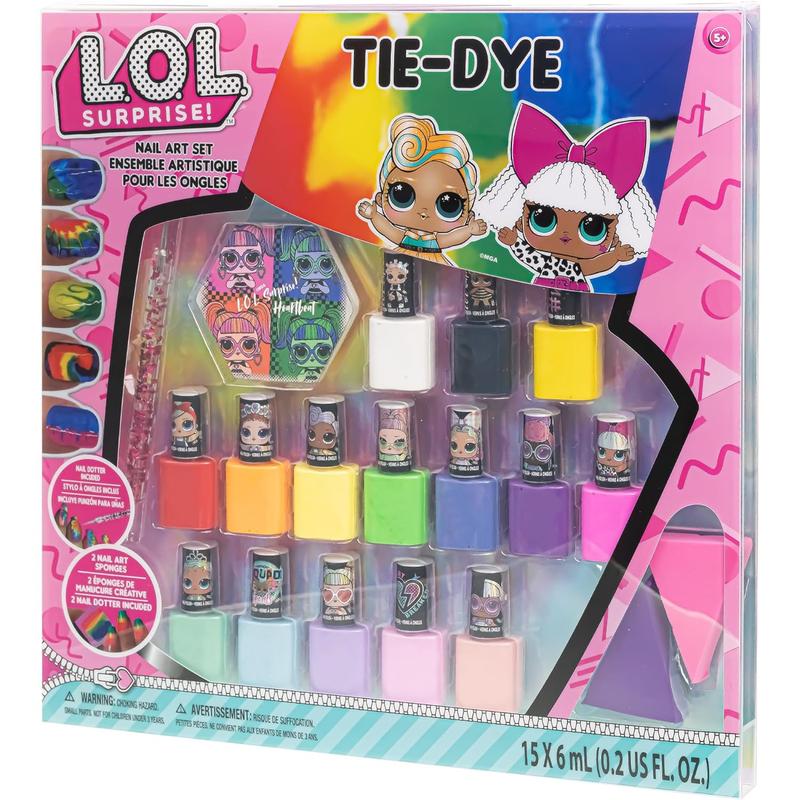 19-Piece Tie-Dye Nail Art Set with 15 Bright Opaque and Shimmery Non-Toxic Nail Polishes and Accessories - Ideal for Slumber Parties, Mani Pedi Days and More, Ages 5+