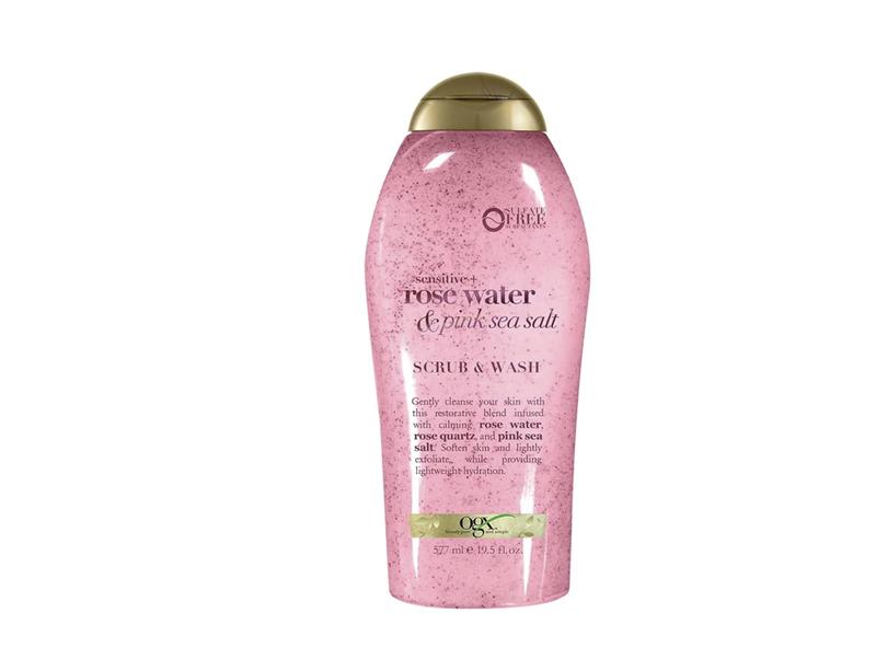 OGX Sensitive + Pink Sea Salt & Rosewater Sulfate-Free Soothing Body Scrub with Healing Rose Quartz, Gentle Exfoliating Daily Body Wash to Soften & Smooth Skin, 19.5 Fl Oz