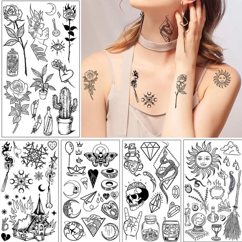 150+ Pattern Black Tiny Temporary Tattoo, Hands Face Halloween Tattoo Sticker for Men Women, Flower Space Moon Snake Designs Body Art on Arm Neck Shoulder Clavicle Waterproof