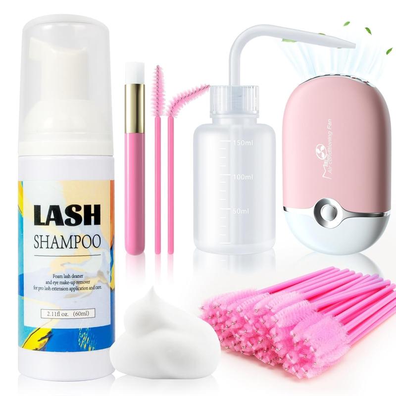 Lash Shampoo for Lash Extensions - 60ML Lash Extension Cleanser with Lash Fan Cleaning Brush Rinse Bottle and 50 count Mascara Brush, Rich  Lash Wash for Eyelash Extension Home Use(Pink)