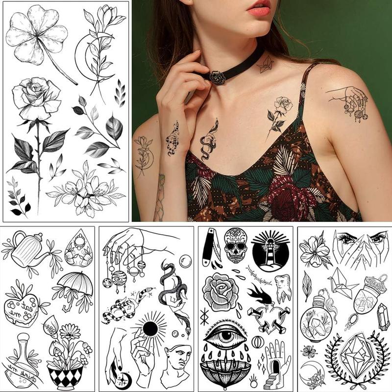 150+ Pattern Black Tiny Temporary Tattoo, Hands Face Halloween Tattoo Sticker for Men Women, Flower Space Moon Snake Designs Body Art on Arm Neck Shoulder Clavicle Waterproof