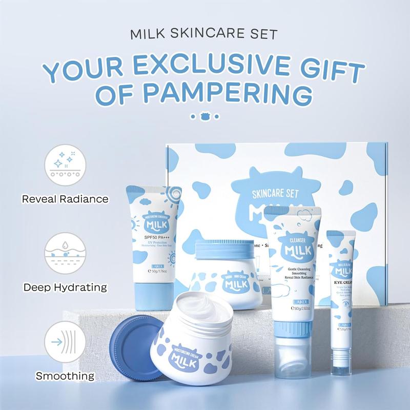 Milk Skincare Gift Set for Radiant Skin, Moisturizing Skin Care Kit Christmas Gift for Women & Girls, 5-In-1 Facial Skin Care Sets & Kits with Facial Cleanser, Face Cream, Eye Cream, Sunscreen (5 PCS)