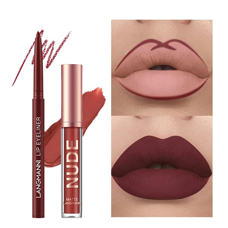 2Pcs Matte Liquid Lipstick + Lip Liner Pens Set, One Step Lips Makeup Kits Pigment Velvety Nude Lip Stain Waterproof Long Wear Lip Gloss Make up Gift Set