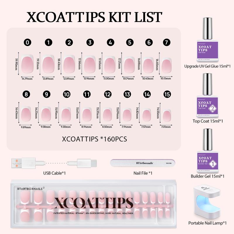 btartboxnails XCOATTIPS French Tip Press on Nails - Square or Almond or Coffin Press On Nails , 43.99$ Pink Short Fake Nails Kit with UV Glue, Nails Lamp, All in One Soak Off Acrylic Fake Nail Extension