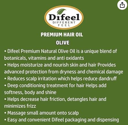 Difeel 99% Natural Blend Olive Oil Premium Hair Oil 2.5 oz