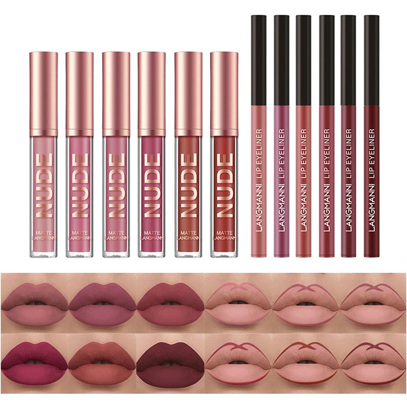 2Pcs Matte Liquid Lipstick + Lip Liner Pens Set, One Step Lips Makeup Kits Pigment Velvety Nude Lip Stain Waterproof Long Wear Lip Gloss Make up Gift Set