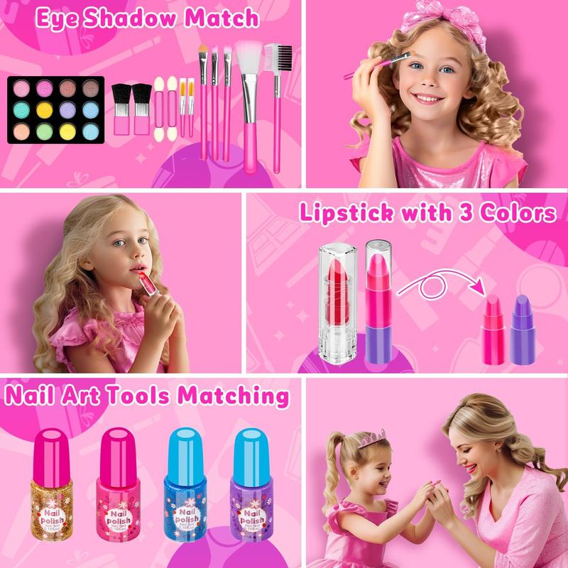 58 Pcs Kids Makeup Kit for Girl, Princess Toys Real Washable Cosmetic Set with Mirror, Kids Makeup Sets for Girls, Play Make Up Birthday Gifts for 3 4 5 6 7 8 9 10 11 12 Years Old Kid (Rose)