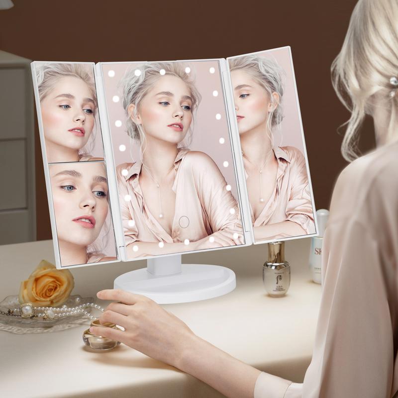 Chrismas gift Trifold Vanity Mirror with Lights，Makeup Mirror with Lights and 1x 2x 3x Magnification Rechargeable Lighting 21LED Mirror Touch Screen Two Power Supply Modes Make Up Mirror