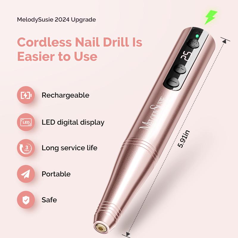 MelodySusie New Black PC180F Electric Nail Drill With Portable & Cordless, 25000RPM Rechargeable Nail Efile Set for Manicure and Pedicure Nail Art