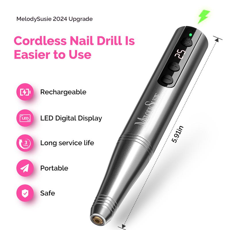 MelodySusie New Black PC180F Electric Nail Drill With Portable & Cordless, 25000RPM Rechargeable Nail Efile Set for Manicure and Pedicure Nail Art