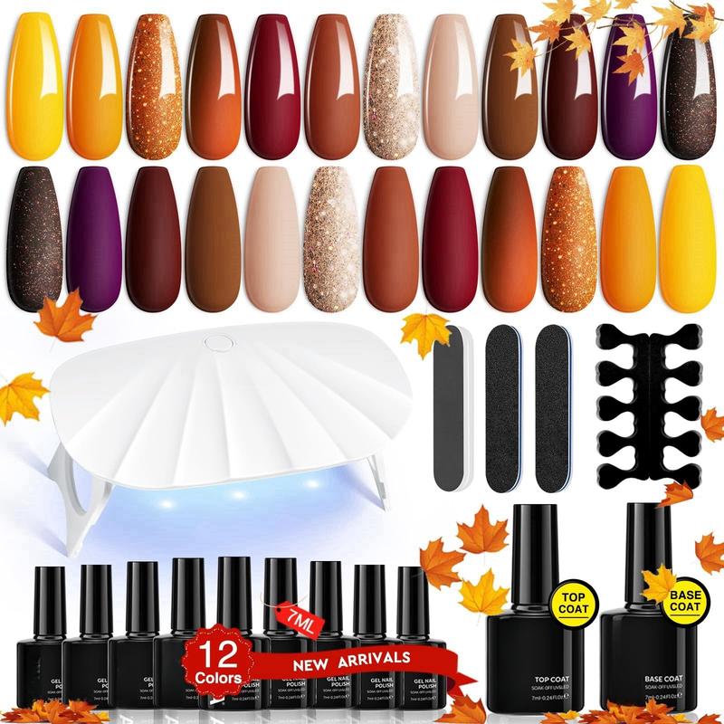 19 Pcs Gel Nail Polish Kit with UV Light: 12 Fall Colors & Tools for Women