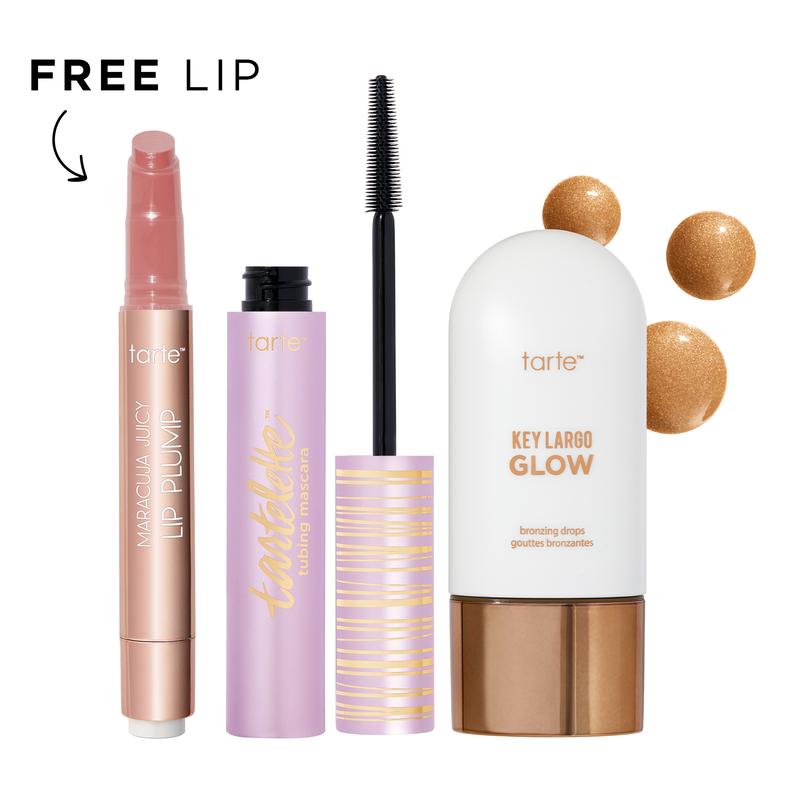 tarte maracuja juicy lip plump, tubing mascara and bronzing drops