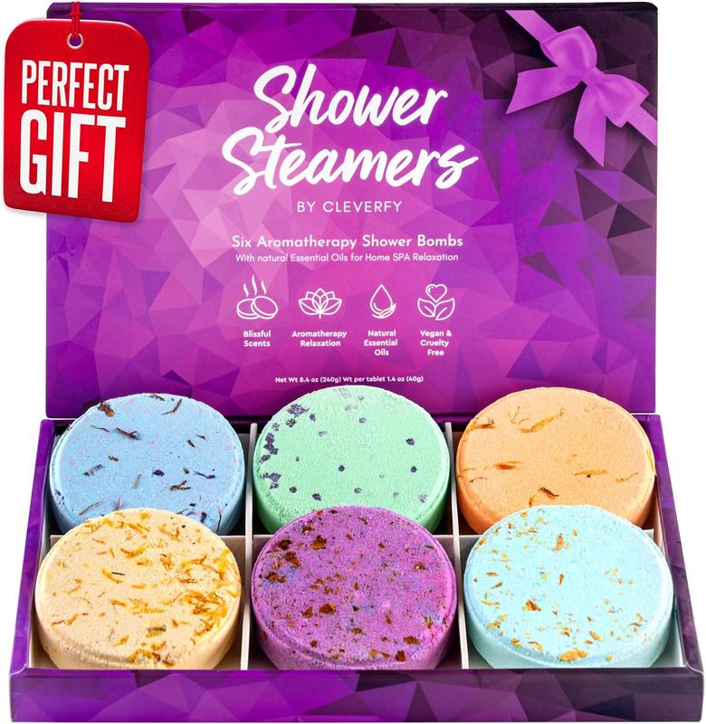 Cleverfy Shower Steamers Aromatherapy - Christmas Gifts for Women and Stocking Stuffers for Adults and Teens. Box of 6 Premium Self Care Shower Bombs with Essential Oils. Purple Set