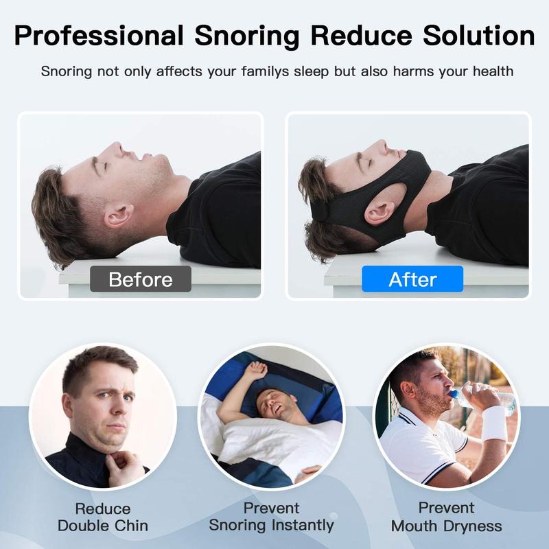 Anti Snore Chin Strap, Snoring Solution Effective, Adjustable and Breathable Stop Snoring Head Band for Men Women, Black Comfort Comfort Lightweight