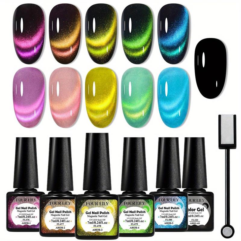 Cat Magnetic Nail Gel Polish Set with Magnetic Stick, 1 Set Rainbow Glitter Nail Gel Polish Set, Semi Permanent Nail Art Gels Lacquer Gift