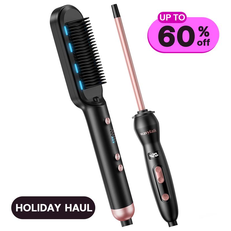 Wavytalk Negative Ion Hair Straightening Brush and 3 8 Inch Small Curling Iron Wand Set