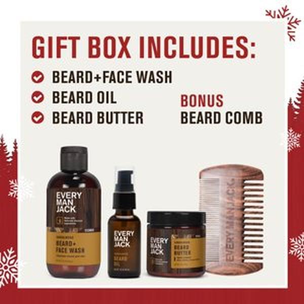 Every Man Jack Men's Beard Care Christmas Holiday Gift Set for All Skin Types, Sandalwood, 4 Pieces - Face Wash, Beard Butter, Beard Oil, and Comb